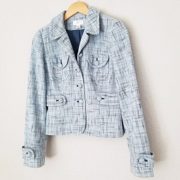 LOFT Ann Taylor Light Blue Tweed 100% Cotton Blazer Jacket 4 Preppy Office Boho - Picture 3 of 15